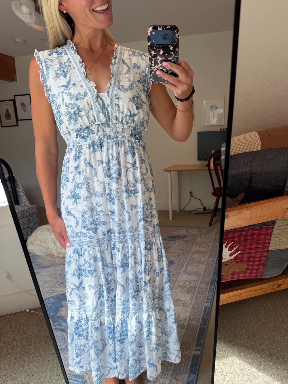 Max Studio White Dress with Blue Floral Print, Size L